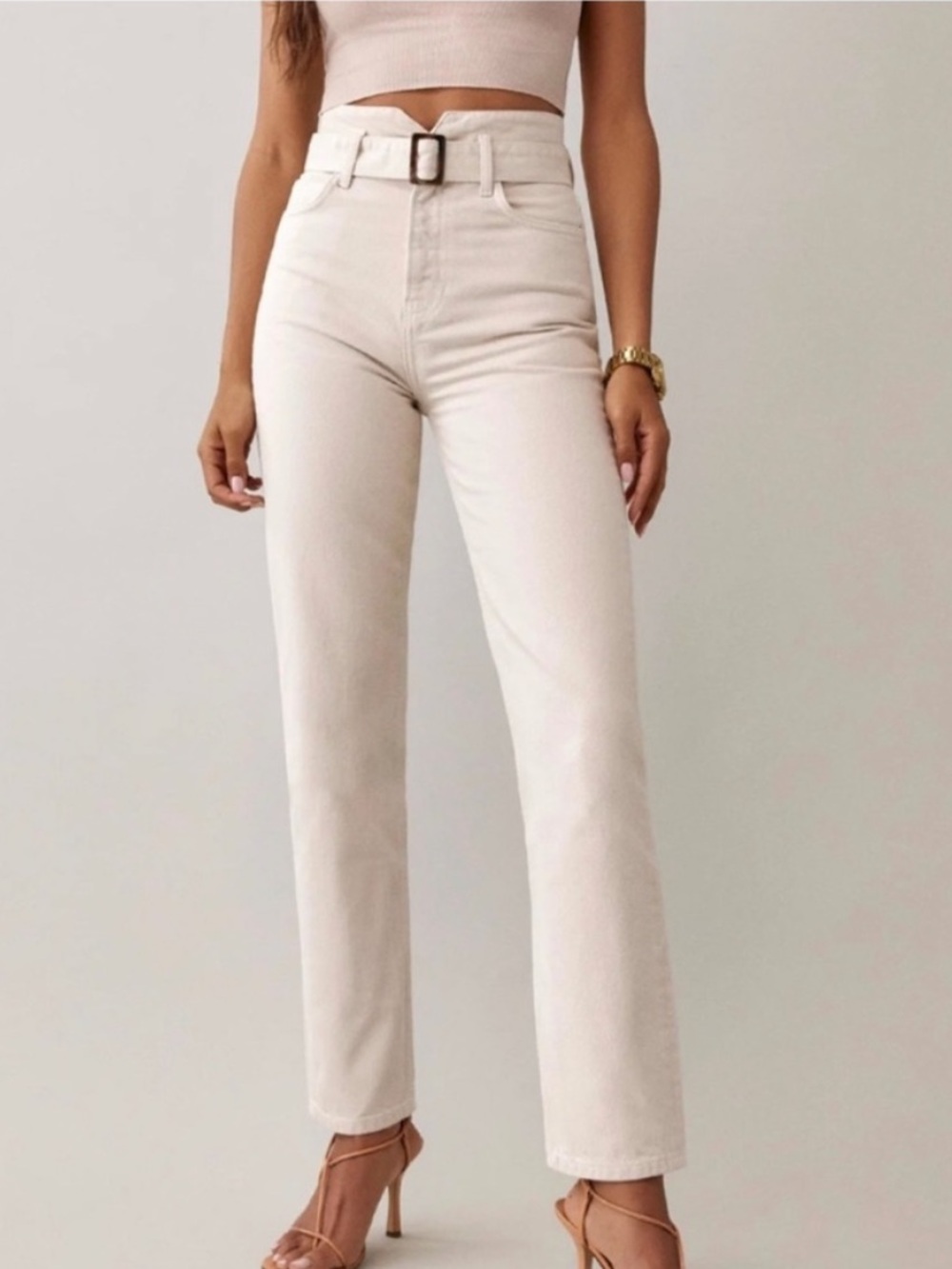 Reformation High-Rise Belted Straight Jeans — Cream